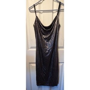 Bebe Metallic Shimmer Cowl‎ Neck Bodycon Dress Silver Black Large Made in USA